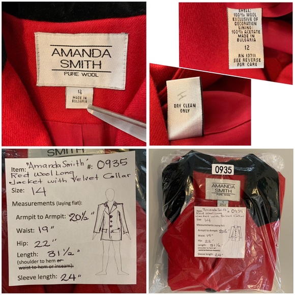 🔥5/$20🔥 “Amanda Smith” Red Pure Wool Jacket Velvet Collar size 12 - Picture 15 of 16